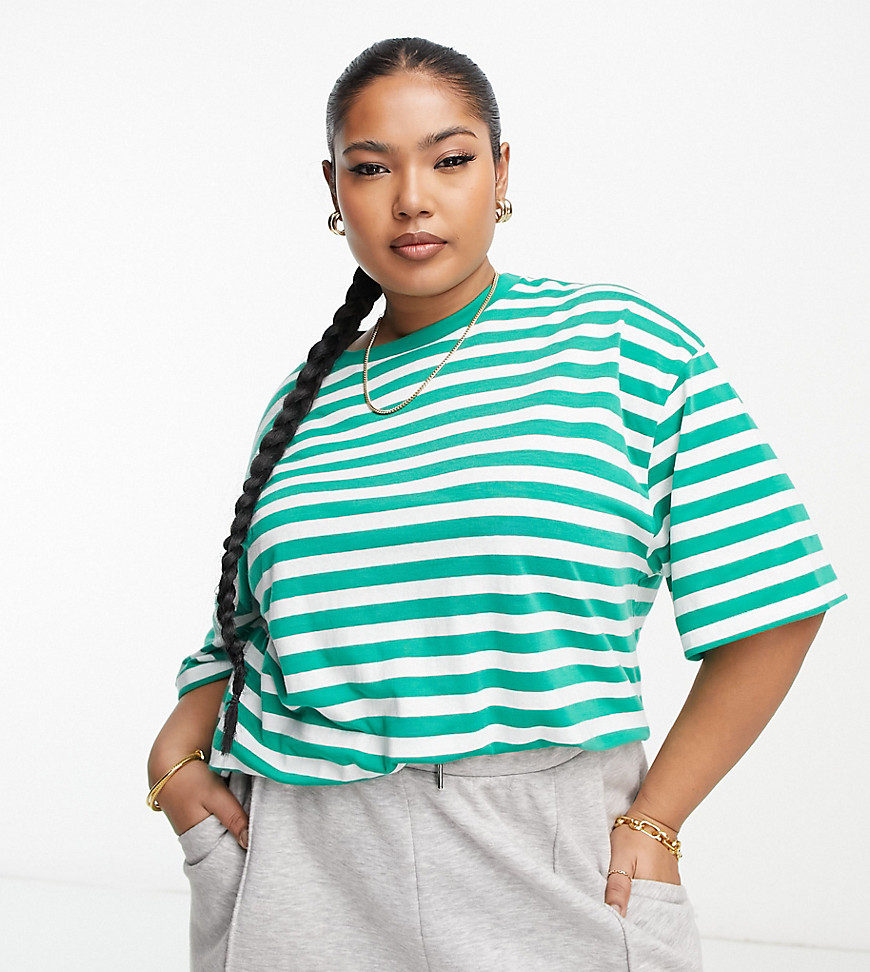 ASOS Curve ASOS DESIGN Curve textured oversized T-shirt in green and cream stripe-Multi