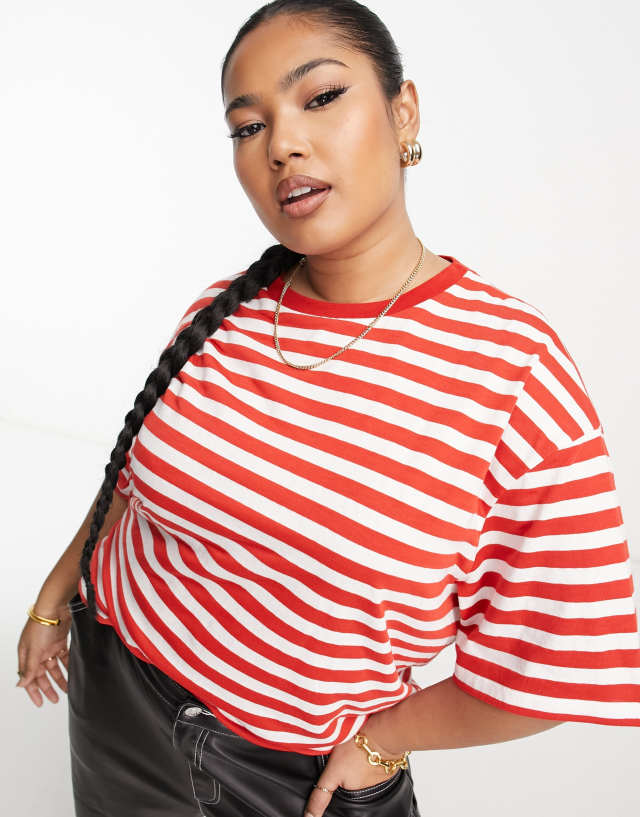 ASOS DESIGN Curve textured oversized T-shirt in red and cream stripe