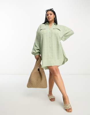 ASOS DESIGN Curve textured plaid mini shirt dress in sage