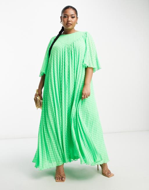 ASOS DESIGN Curve textured pleated midi dress with pleated sleeves and V  detail in green | ASOS