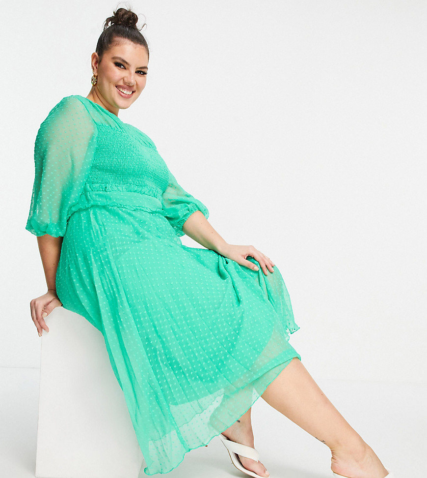 ASOS DESIGN Curve textured pleated shirred midi dress in emerald green