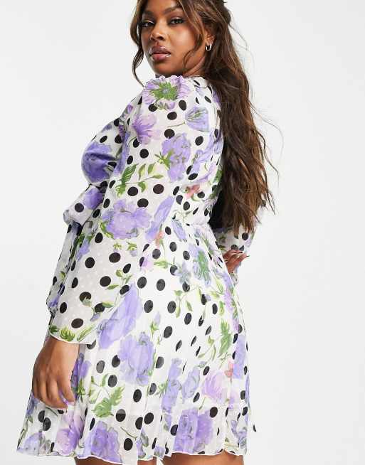 ASOS DESIGN Curve textured pleated wrap mini dress in floral spot