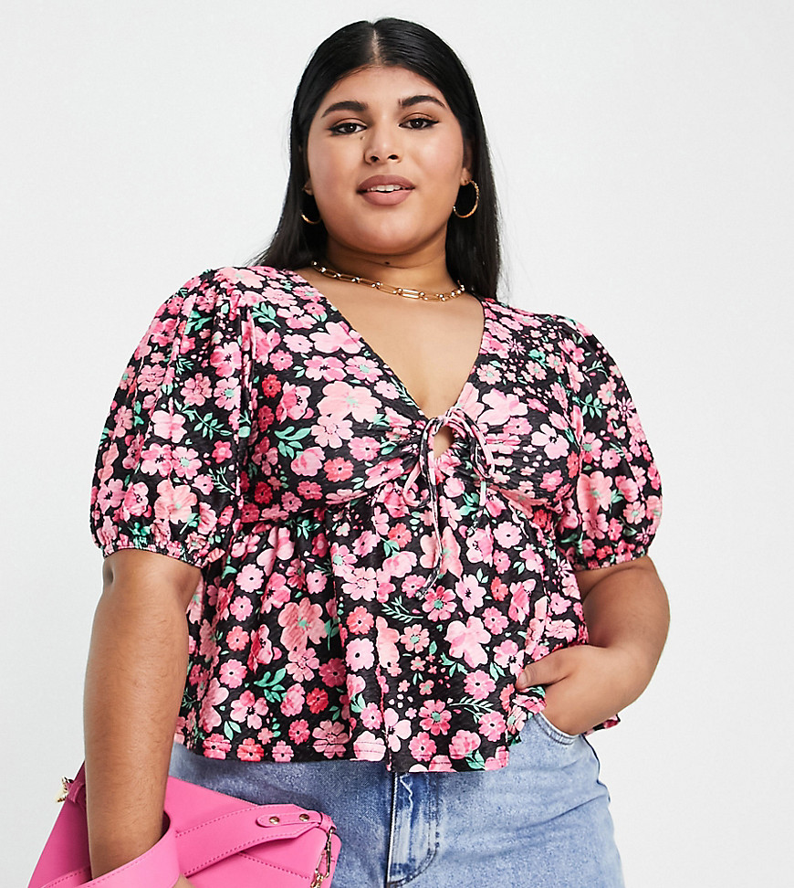 ASOS DESIGN Curve textured puff sleeve milkmaid top in floral print-Multi