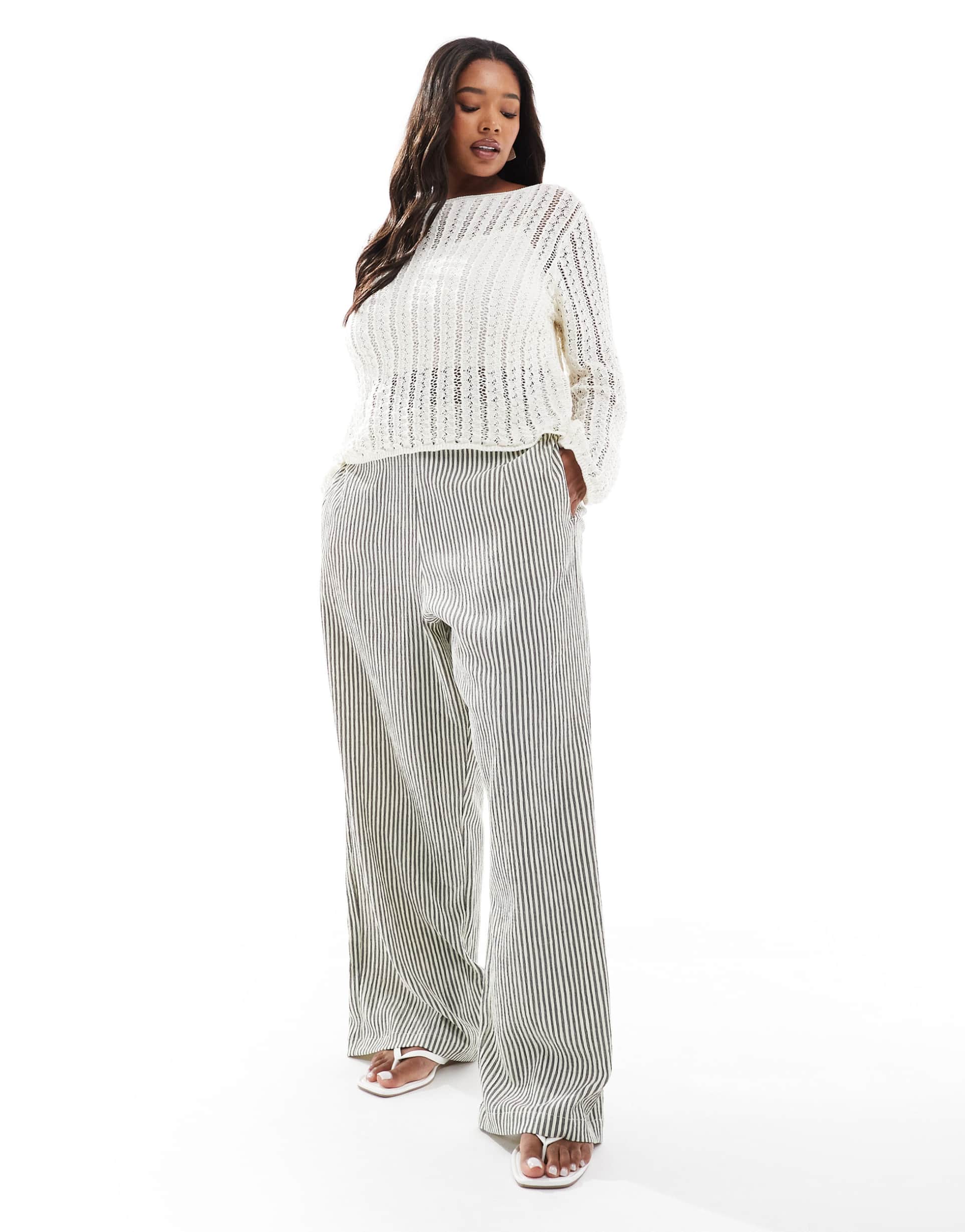 asos design curve textured pull on straight leg pants in brown and white stripe