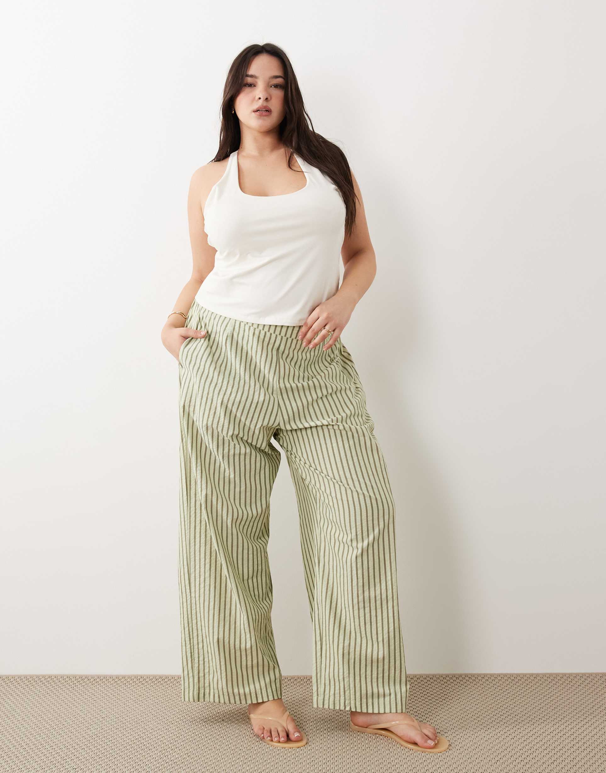 asos design curve textured pull on straight leg pants in khaki stripe