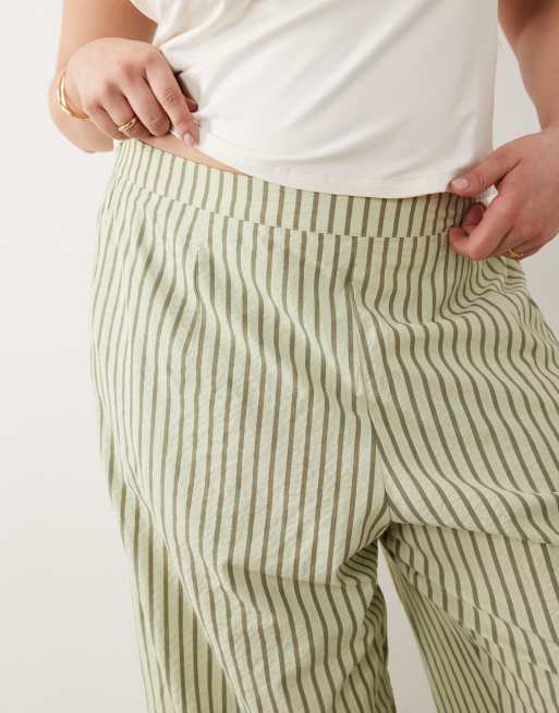 ASOS DESIGN Curve textured pull on straight leg pants in khaki stripe, 4 of 5