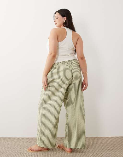 ASOS DESIGN Curve textured pull on straight leg pants in khaki stripe, 5 of 5