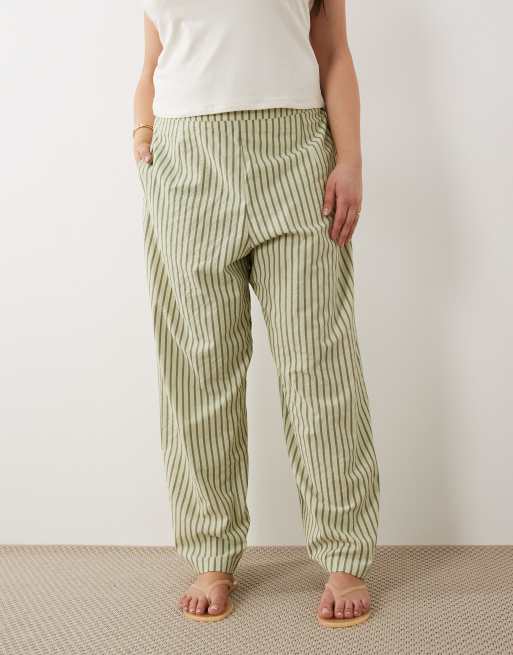ASOS DESIGN Curve textured pull on straight leg trousers in khaki stripe, 2 of 5