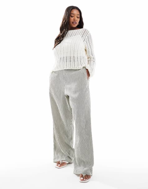 ASOS DESIGN Curve textured pull on straight leg trousers in mono stripe - view 1