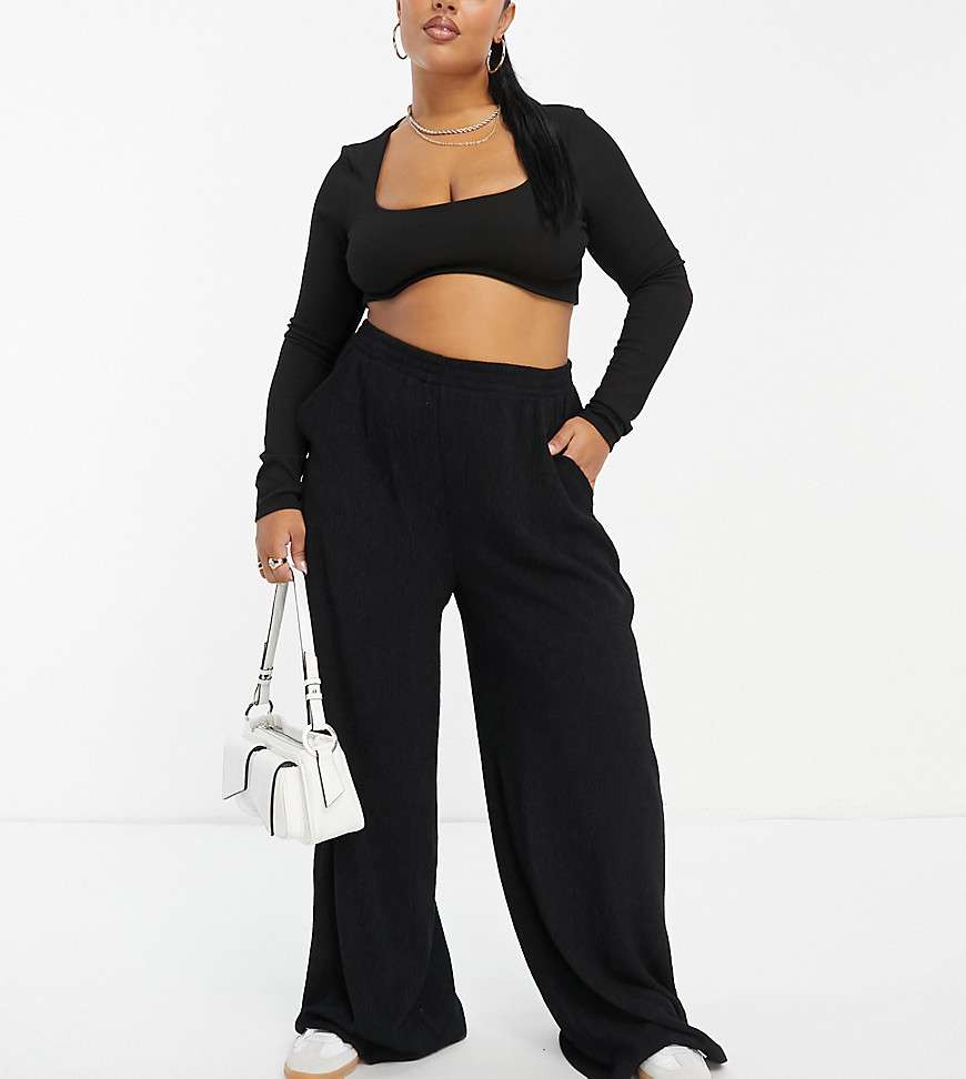 Asos Curve Asos Design Curve Textured Pull-on Wide Leg Pants In Black