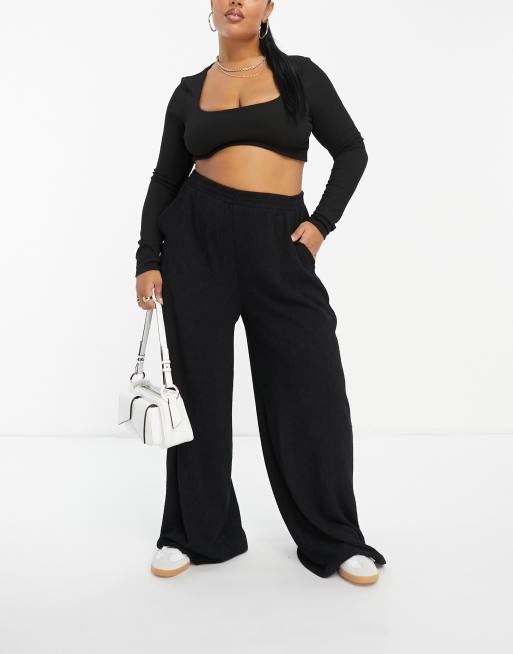 ASOS DESIGN Curve textured pull-on wide leg pants in black