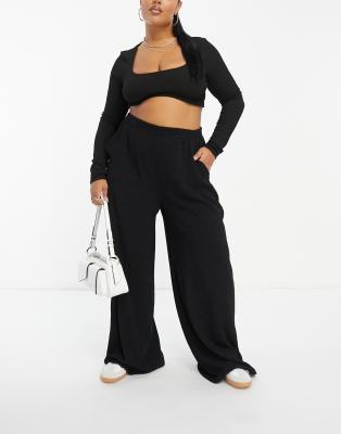 ASOS Curve ASOS DESIGN Curve textured pull on wide leg trouser in black