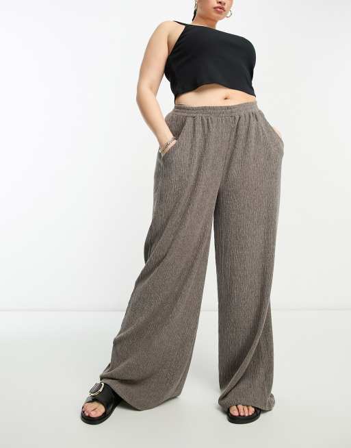 ASOS DESIGN Curve textured pull on wide leg trouser in mushroom