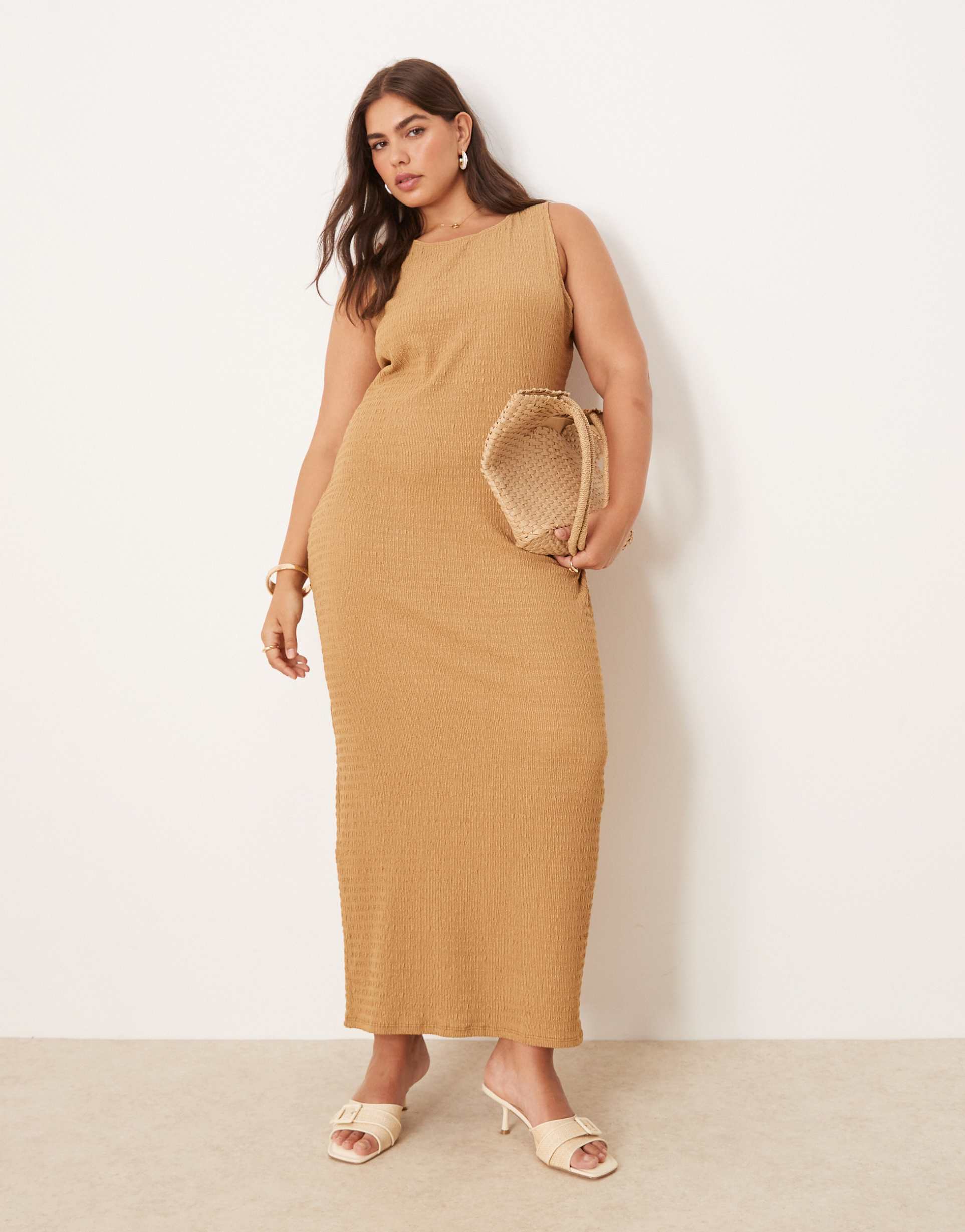 asos design curve textured racer neck midi dress in camel