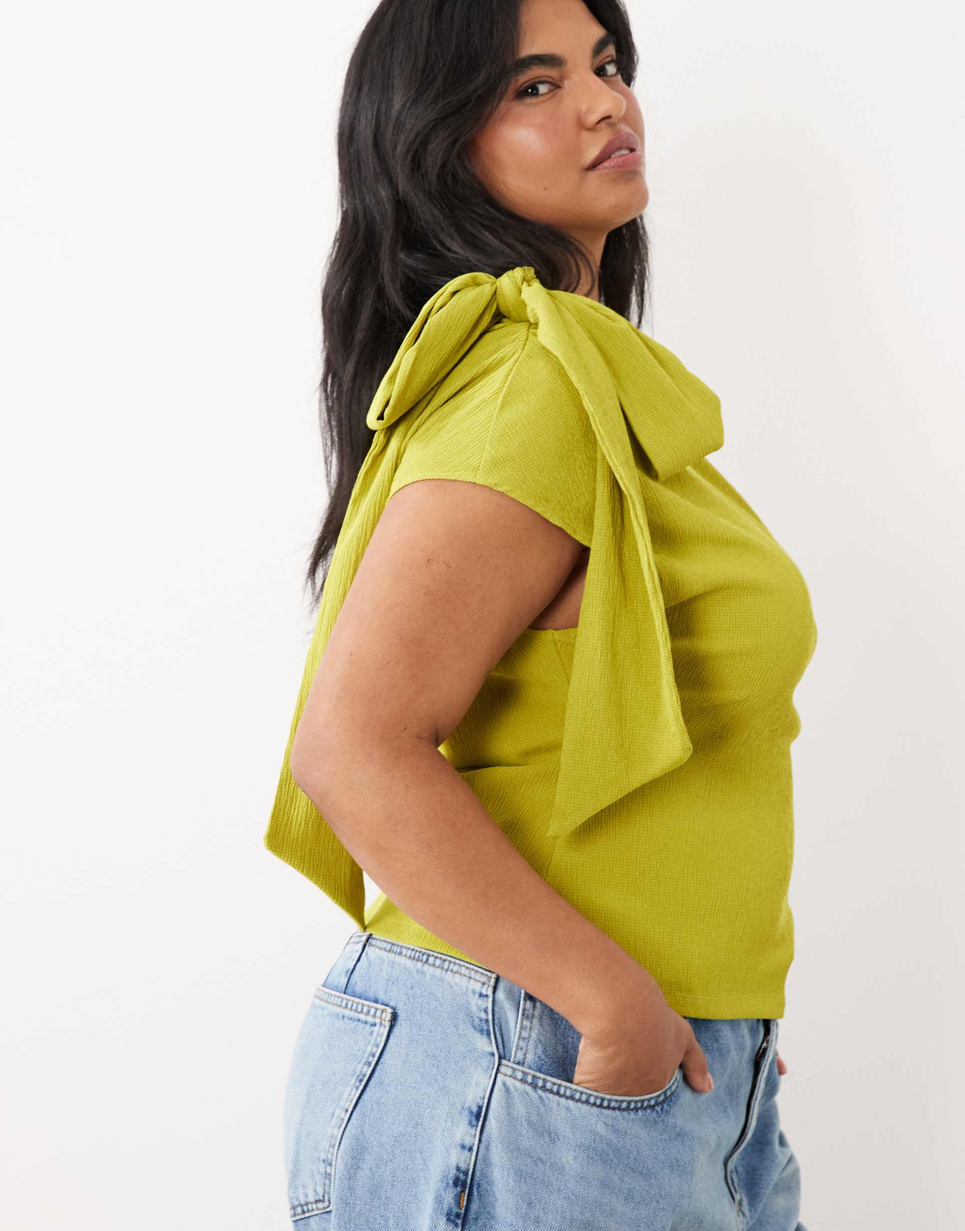 asos design curve textured scarf neck fallen shoulder top in green