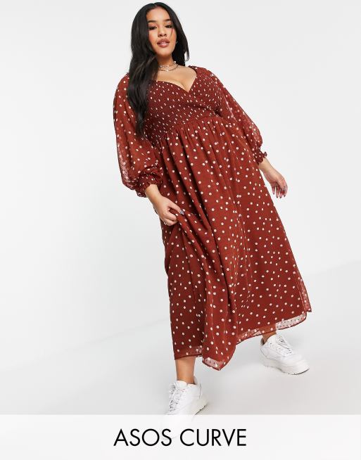 ASOS DESIGN Curve textured shirred wrap maxi dress in brown spot