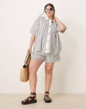 ASOS DESIGN Curve short sleeve shirt with camp collar with broderie detail in straw - part of a set