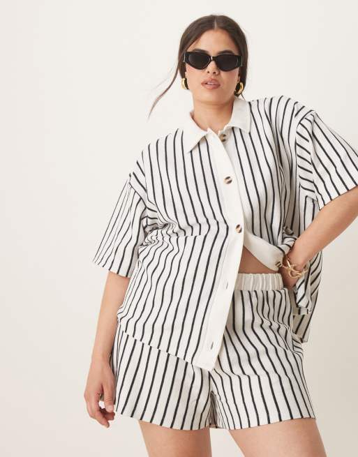 ASOS DESIGN Curve textured shorts in cream and navy stripe - part of a set