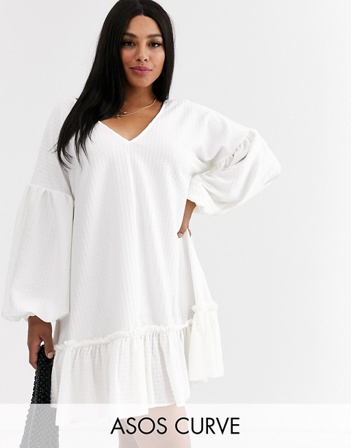 ASOS DESIGN Curve textured smock dress with frill hem in ivory
