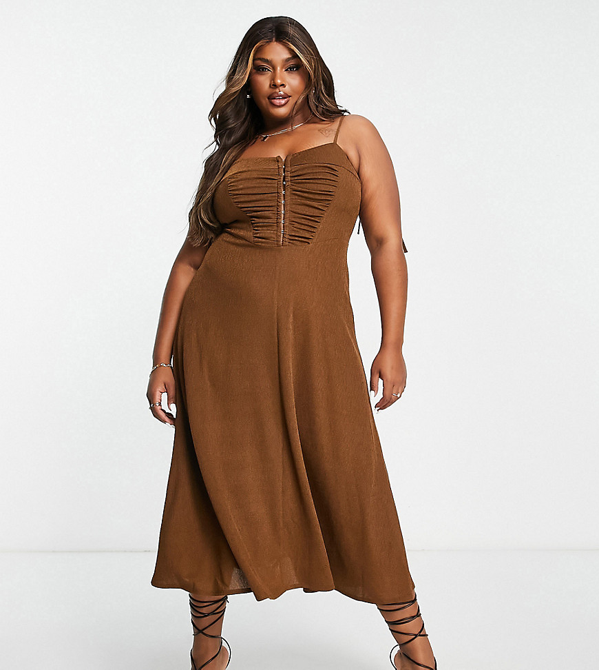 ASOS DESIGN Curve textured strappy midi tea dress with hook and eye detail in chocolate-Brown