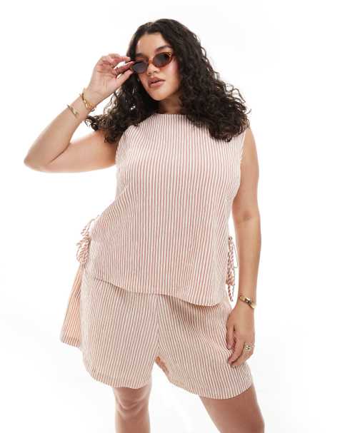 ASOS DESIGN Curve textured tie side shell top co-ord in rose stripe 