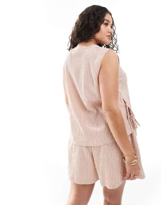 ASOS DESIGN Curve textured tie side shell top in rose stripe - part of a set 