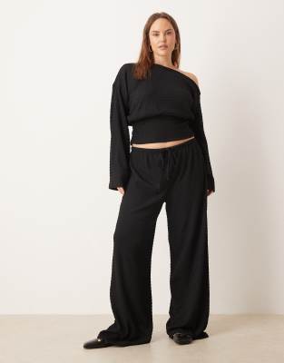 Asos Curve Asos Design Curve Textured Tie Waist Wide Leg Pants In Black