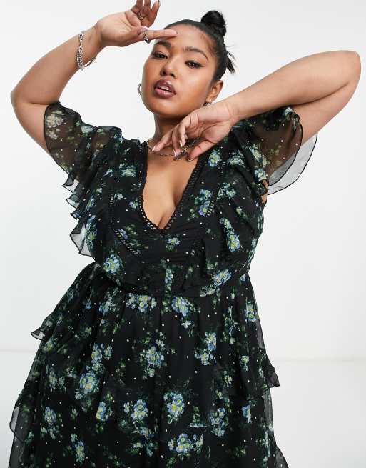 ASOS DESIGN Curve textured tiered midi dress with lace insert and open back  in print | ASOS