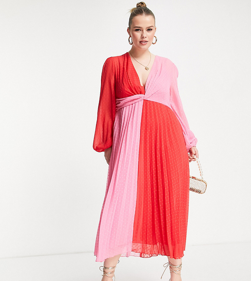 ASOS DESIGN Curve textured twist front pleated midi dress in color block-Multi