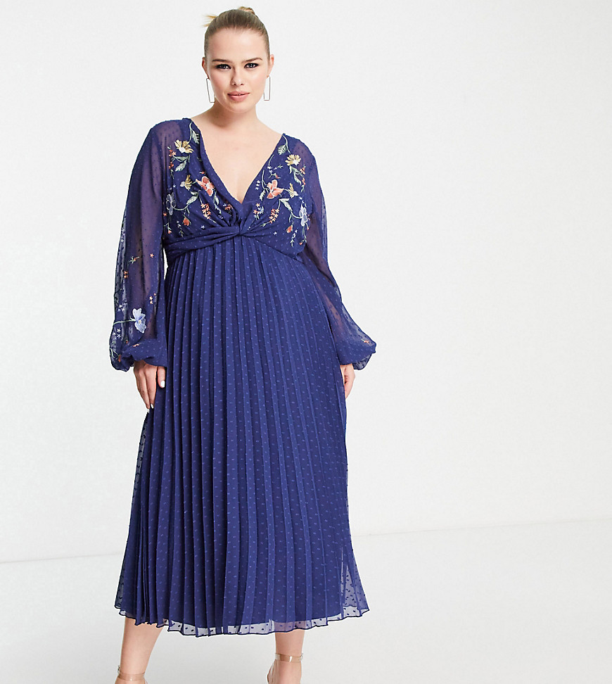 ASOS DESIGN Curve textured twist front pleated midi dress with all over embroidery in navy