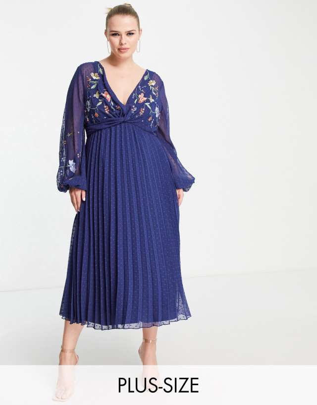 ASOS DESIGN Curve textured twist front pleated midi dress with all over embroidery in navy