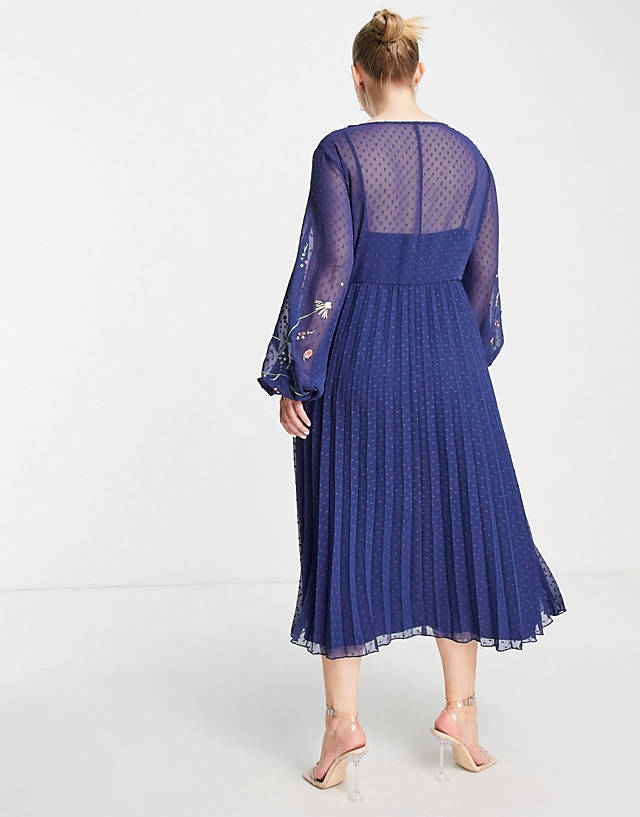 ASOS DESIGN Curve textured twist front pleated midi dress with all over embroidery in navy GN11010