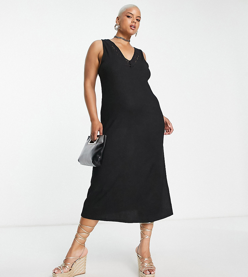 Asos Curve Asos Design Curve Textured V Neck Midi Dress With Crochet Detail In Black
