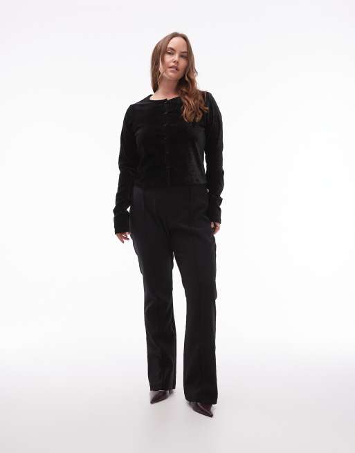 ASOS DESIGN Curve textured velvet button through top in black , 2 of 4