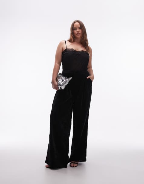 ASOS DESIGN Curve textured velvet tailored wide leg pants in black - view 1