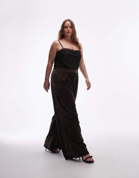 ASOS DESIGN Curve textured velvet tailored wide leg pants in chocolate - view 1