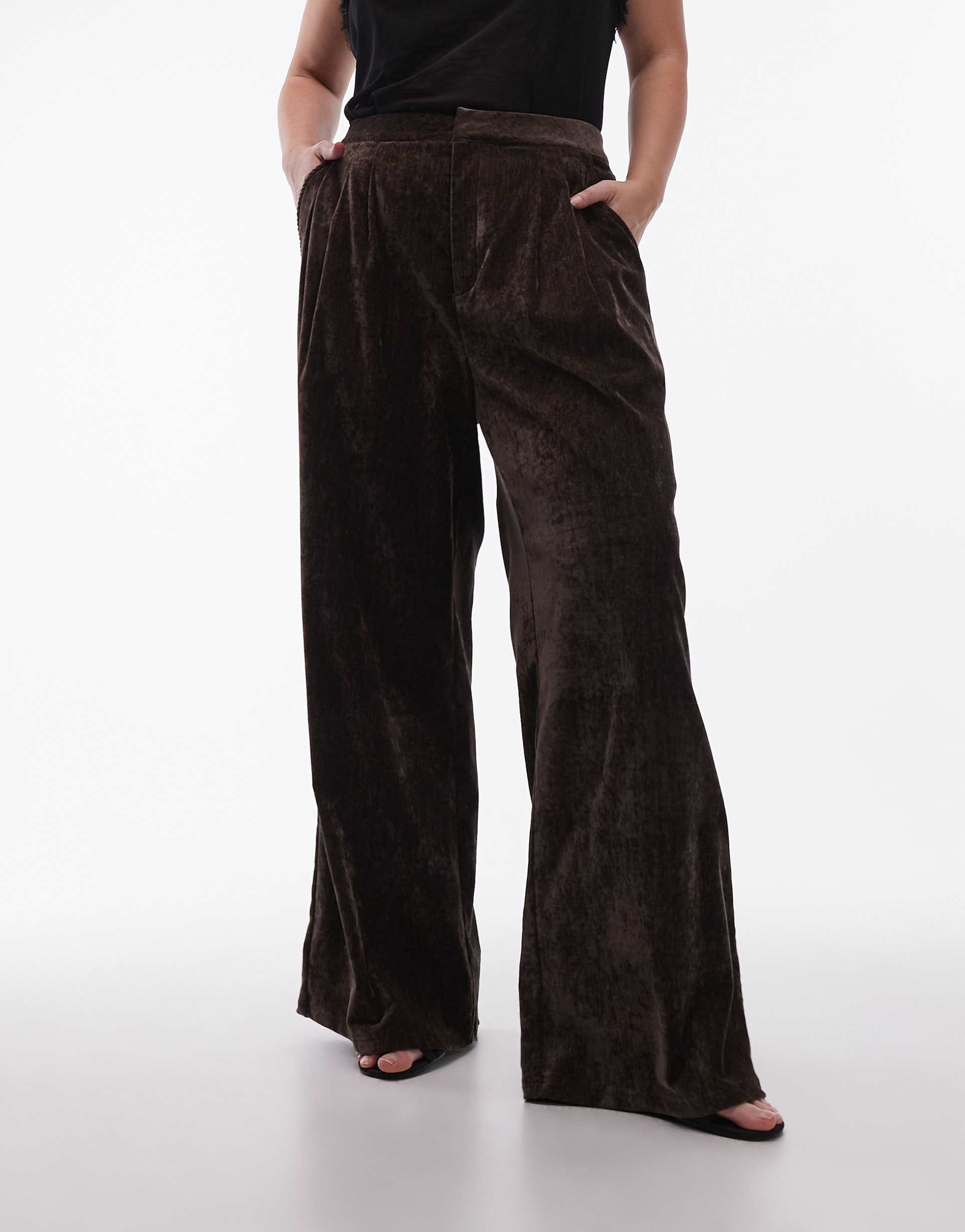 asos design curve textured velvet tailored wide leg pants in chocolate