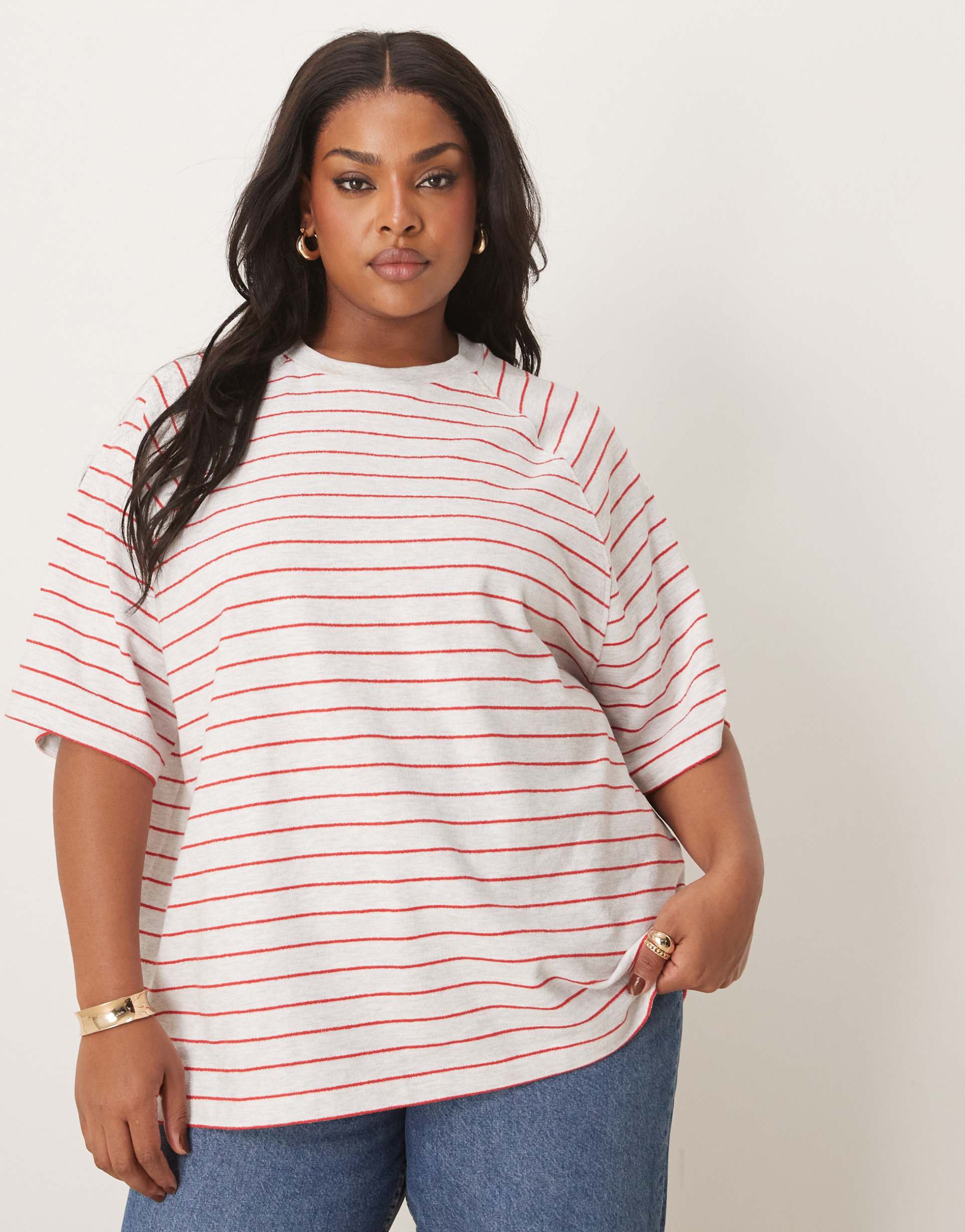 asos design curve textured vintage striped t-shirt in red and ice heather stripe