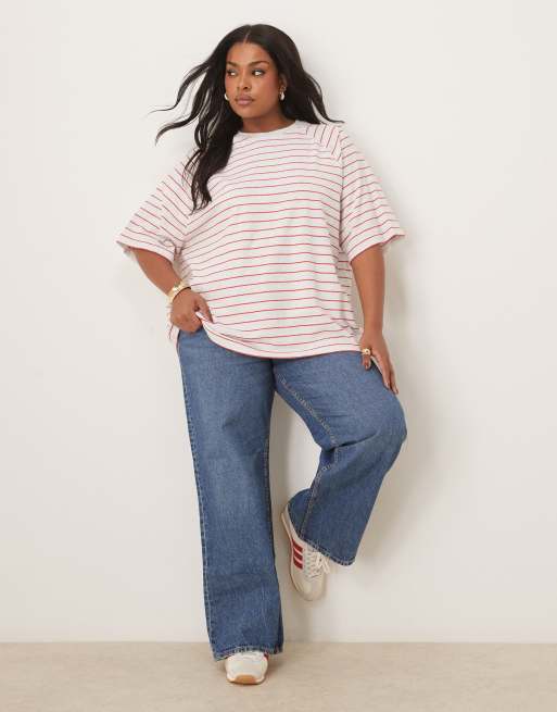ASOS DESIGN Curve textured vintage striped T-shirt in red and ice heather stripe