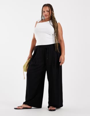 Asos Curve Asos Design Curve Textured Wide Leg Pants With Tie Waist In Black