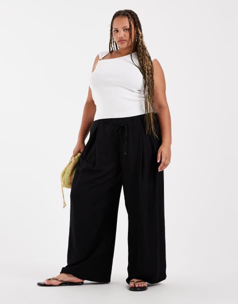ASOS DESIGN Curve textured wide leg pants with tie waist in black - view 1