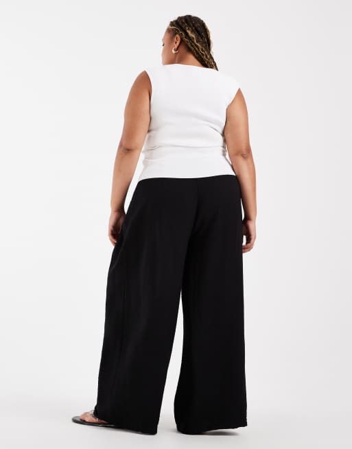 ASOS DESIGN Curve textured wide leg pants with tie waist in black, 3 of 5