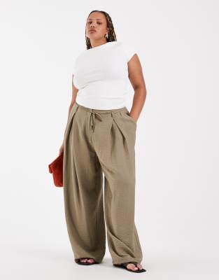 Asos Curve Asos Design Curve Textured Wide Leg Pants With Tie Waist In Green