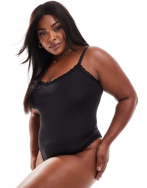 ASOS DESIGN Curve - Tia - Body en microfibre ultra douce à bordures dentelle - Noir, 4 de 4