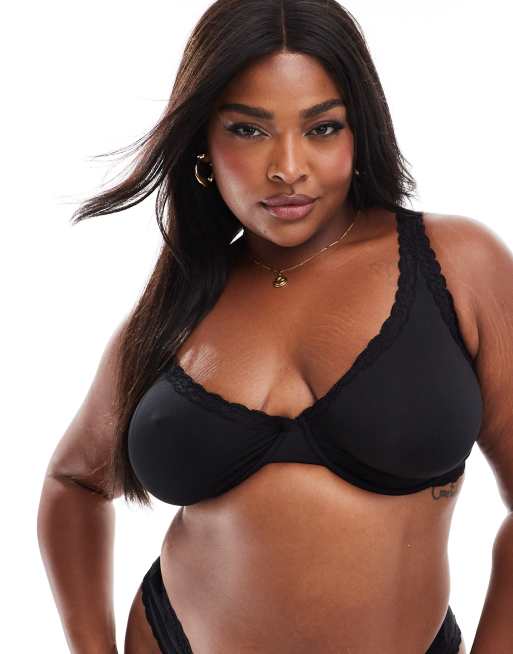 ASOS DESIGN Curve – Tia – Czarny bardzo miękki biustonosz z mikrofibry z fiszbinami i koronkowym wykończeniem