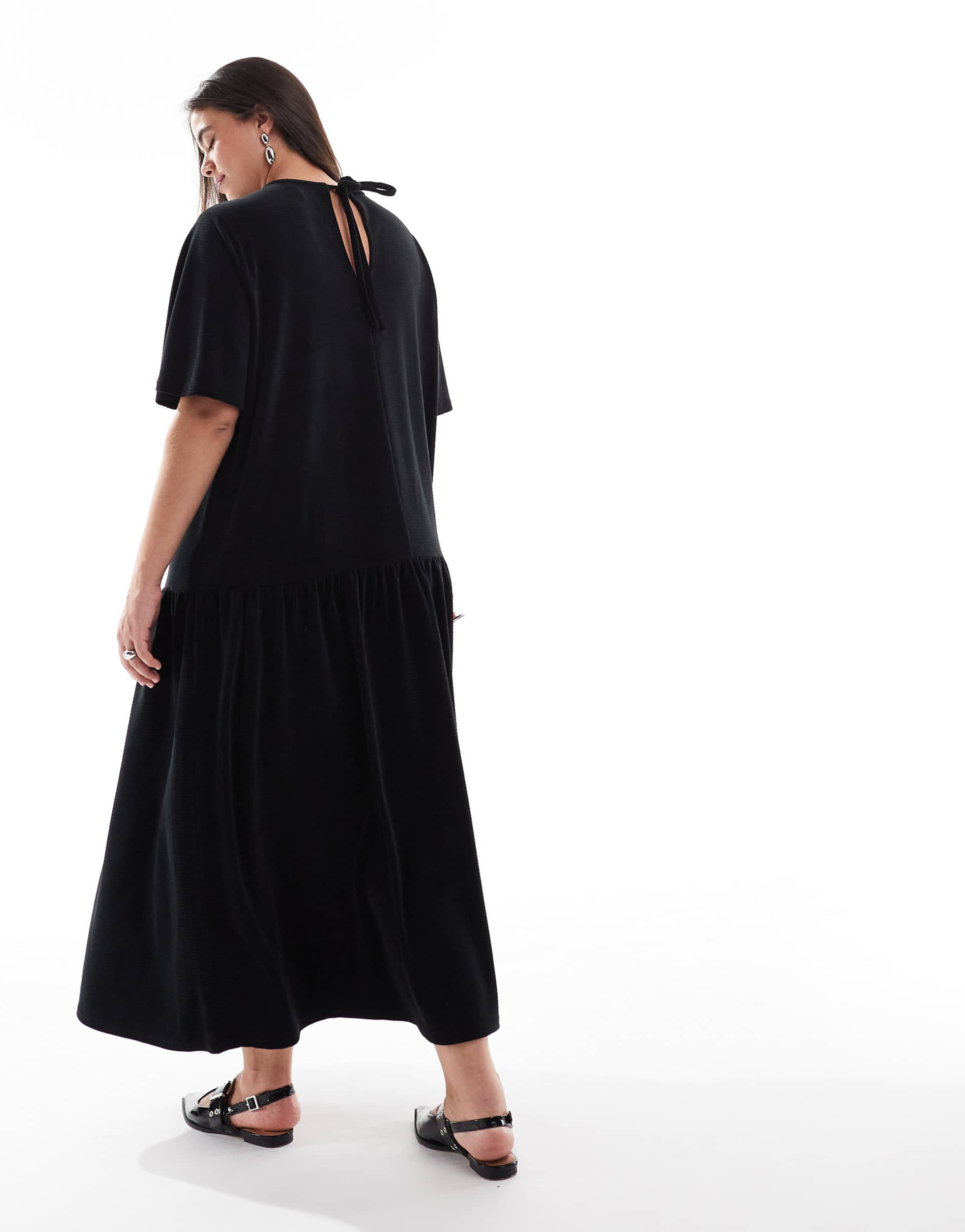 asos design curve tie back chunky cord flare hem midi dress in black