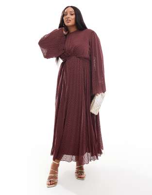 ASOS DESIGN Curve tie back fluted sleeve pleated chevron chiffon midi dress in burgundy-Red