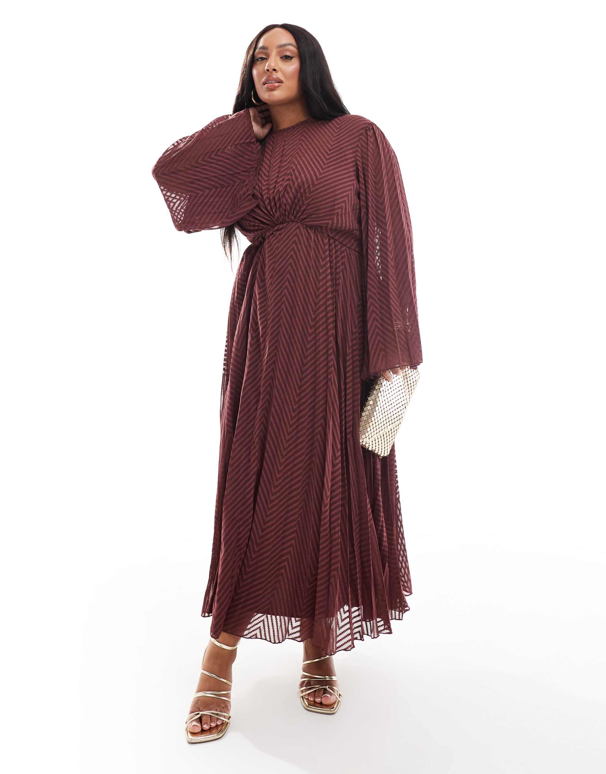 asos design curve tie back fluted sleeve pleated chevron chiffon midi dress in burgundy