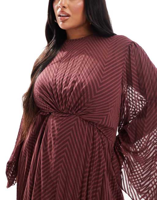 ASOS DESIGN Curve tie back fluted sleeve pleated chevron chiffon midi dress in burgundy ASOS