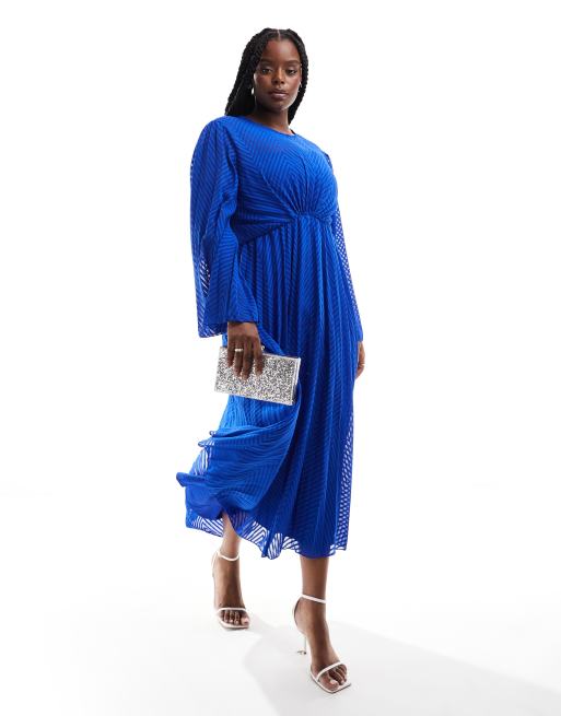 Asos Design Curve Tie Back Fluted Sleeve Pleated Chevron Chiffon Midi Dress In Cobalt Asos 5488